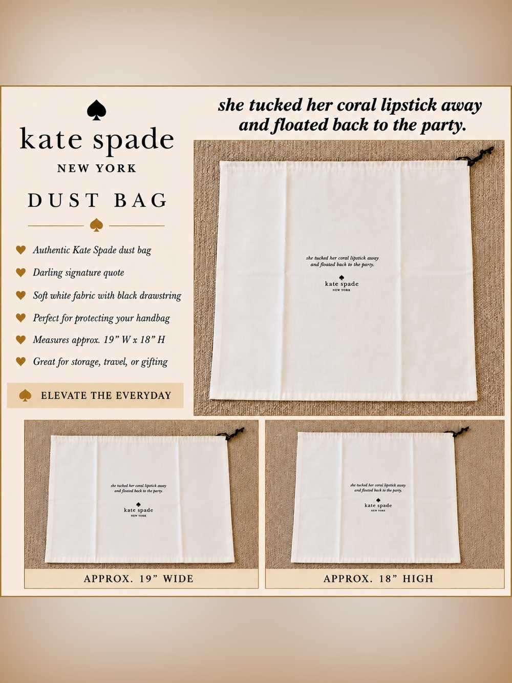 kate spade Drawstring Dust Pouch W/Whimsical Quote -Handbags, Shoes, Travel NWOT